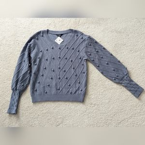 J.NNA grey blue sweater knit with pom poms and balloon sleeves M/L